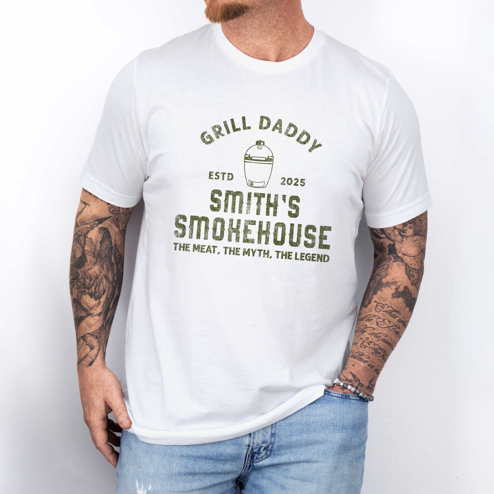 a man wearing a grill daddy shirt, Personalized Meat Smoker T-Shirt in white