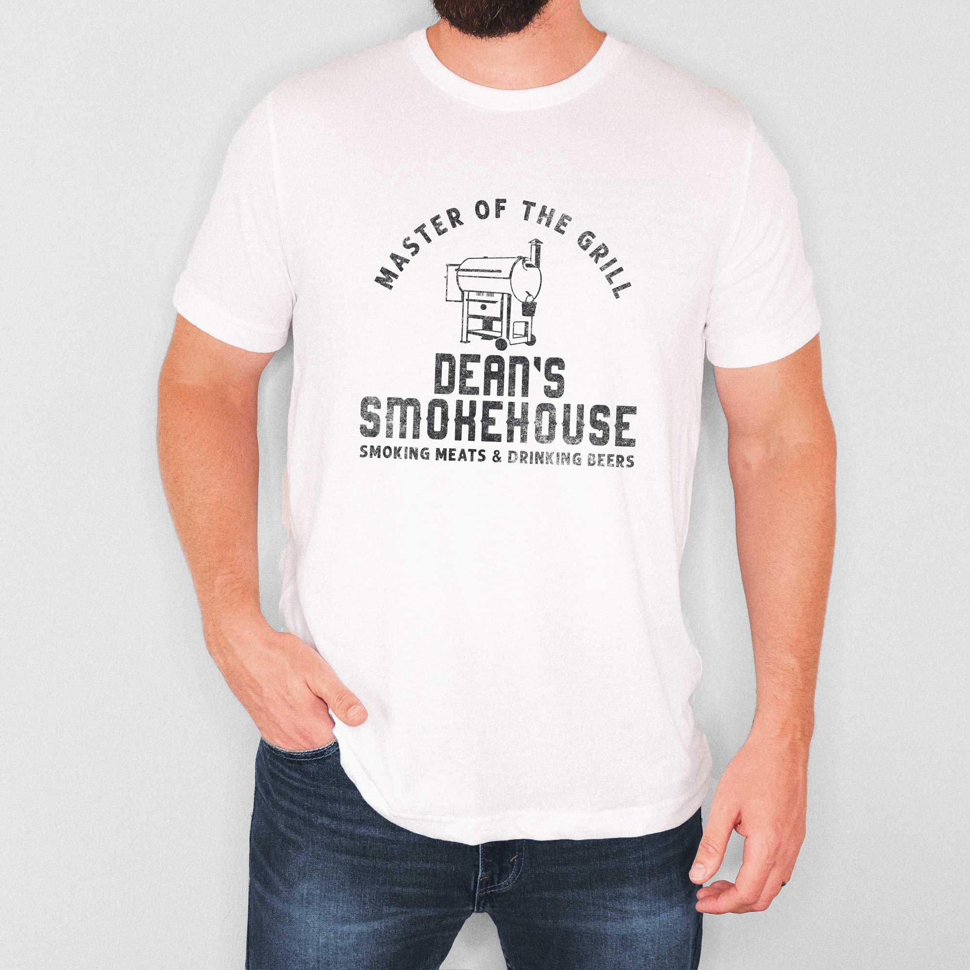 a man wearing a Personalized Smoker Grill Shirt in white