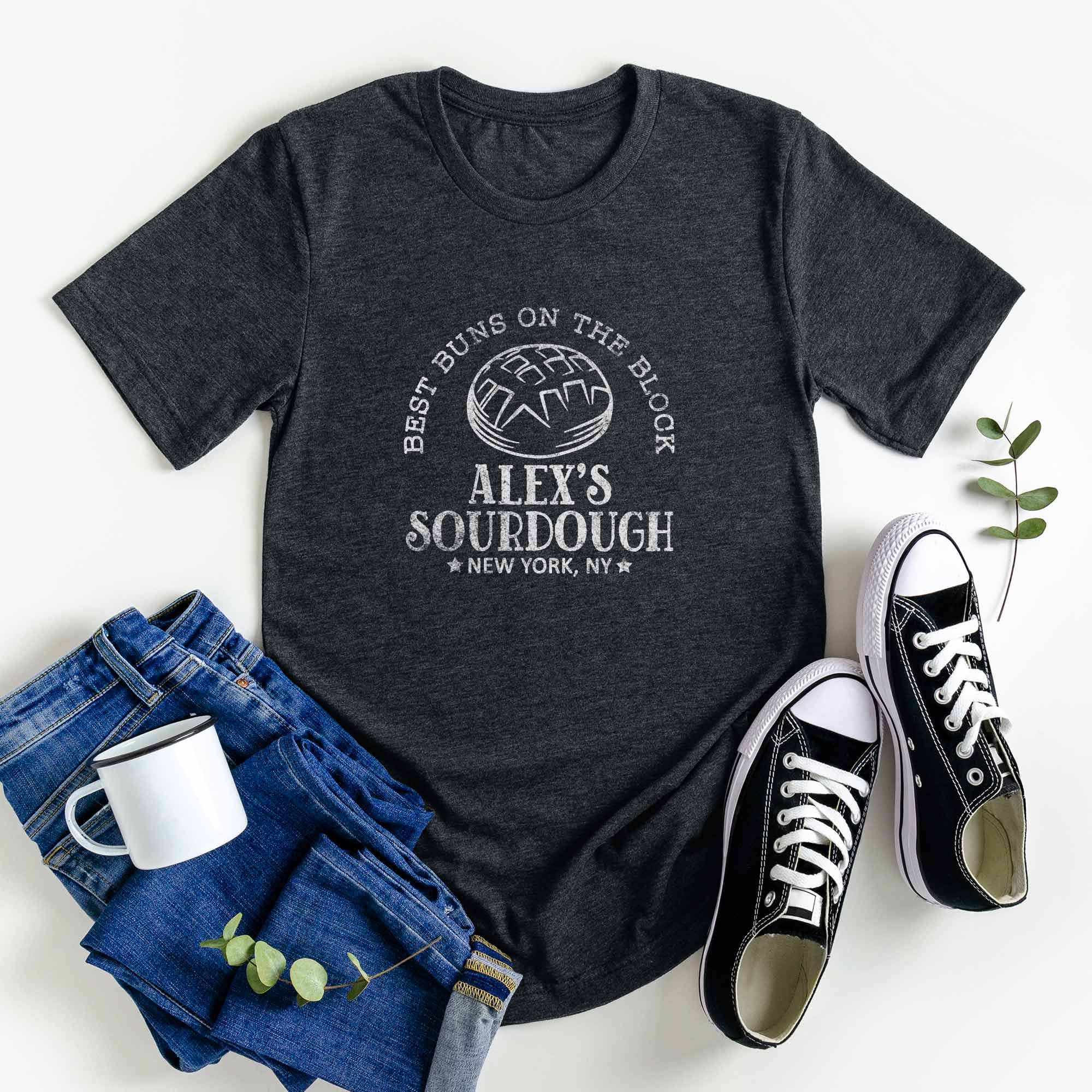 a Personalized Sourdough T-Shirt in dark grey heather