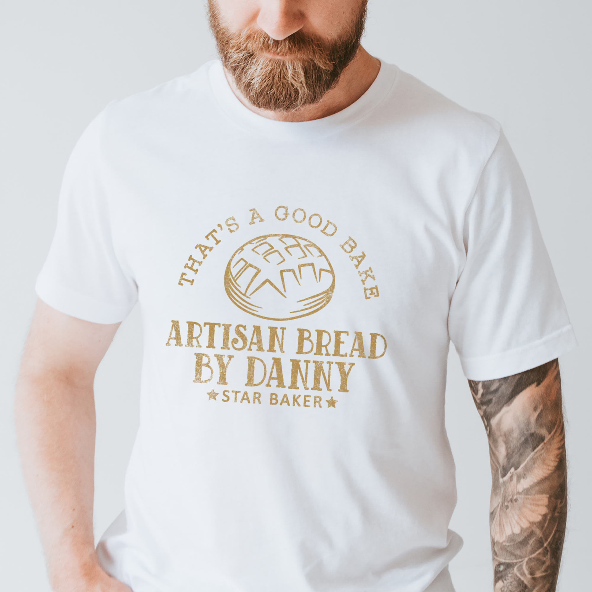 a man wearing a Personalized Sourdough T-Shirt in white