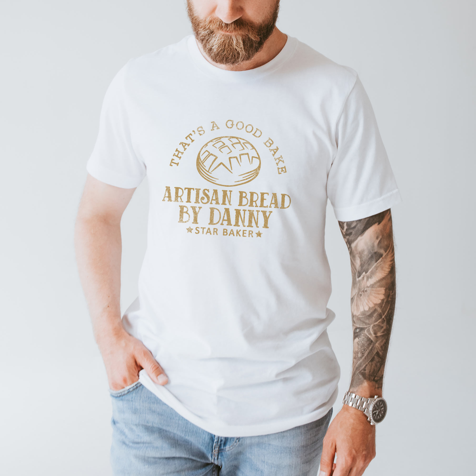 a man wearing a Personalized Sourdough T-Shirt in white