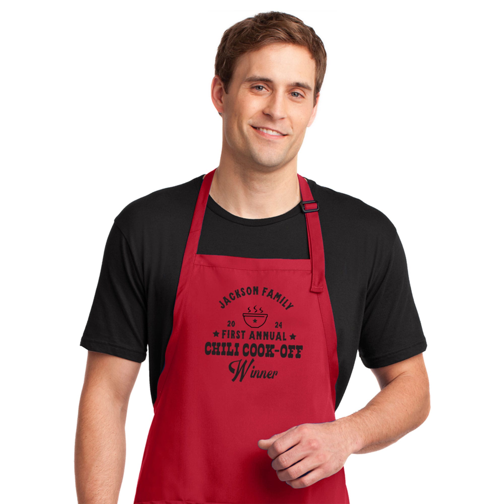 a man wearing A Custom Western Chili Cook-Off Winner Apron in red
