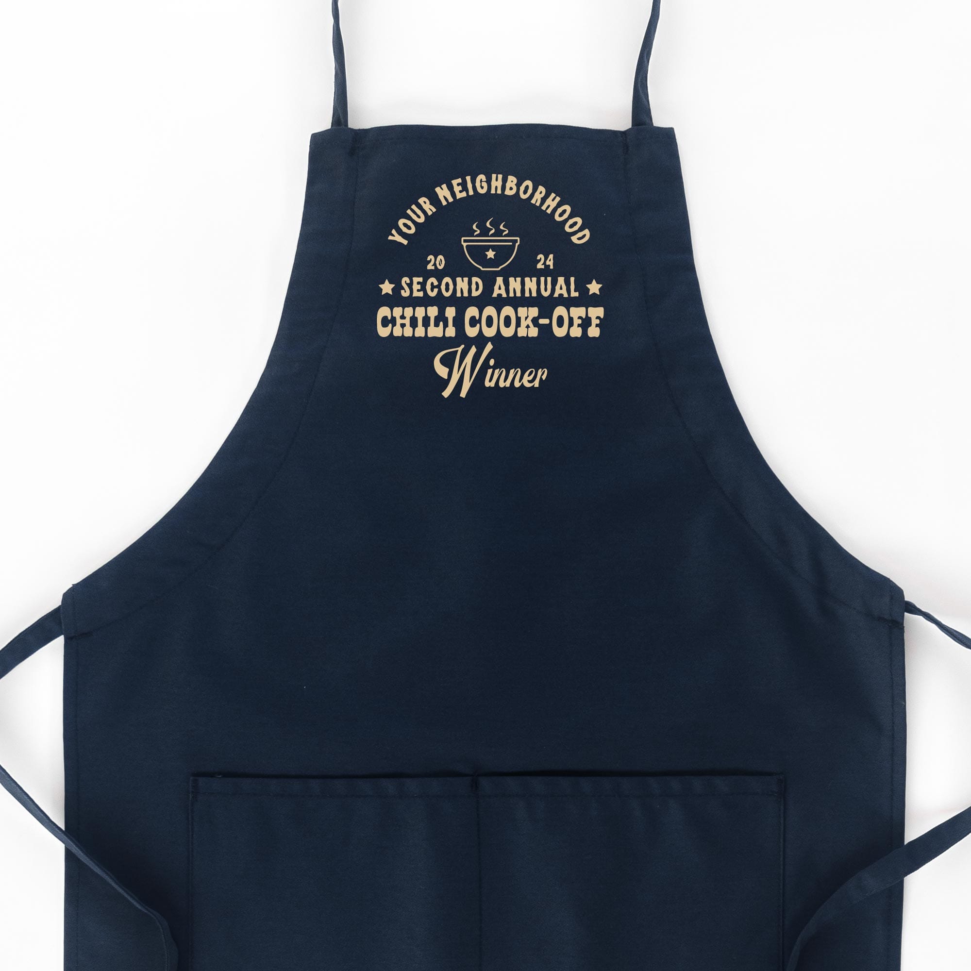 a custom butcher western chili cook off winner apron in navy