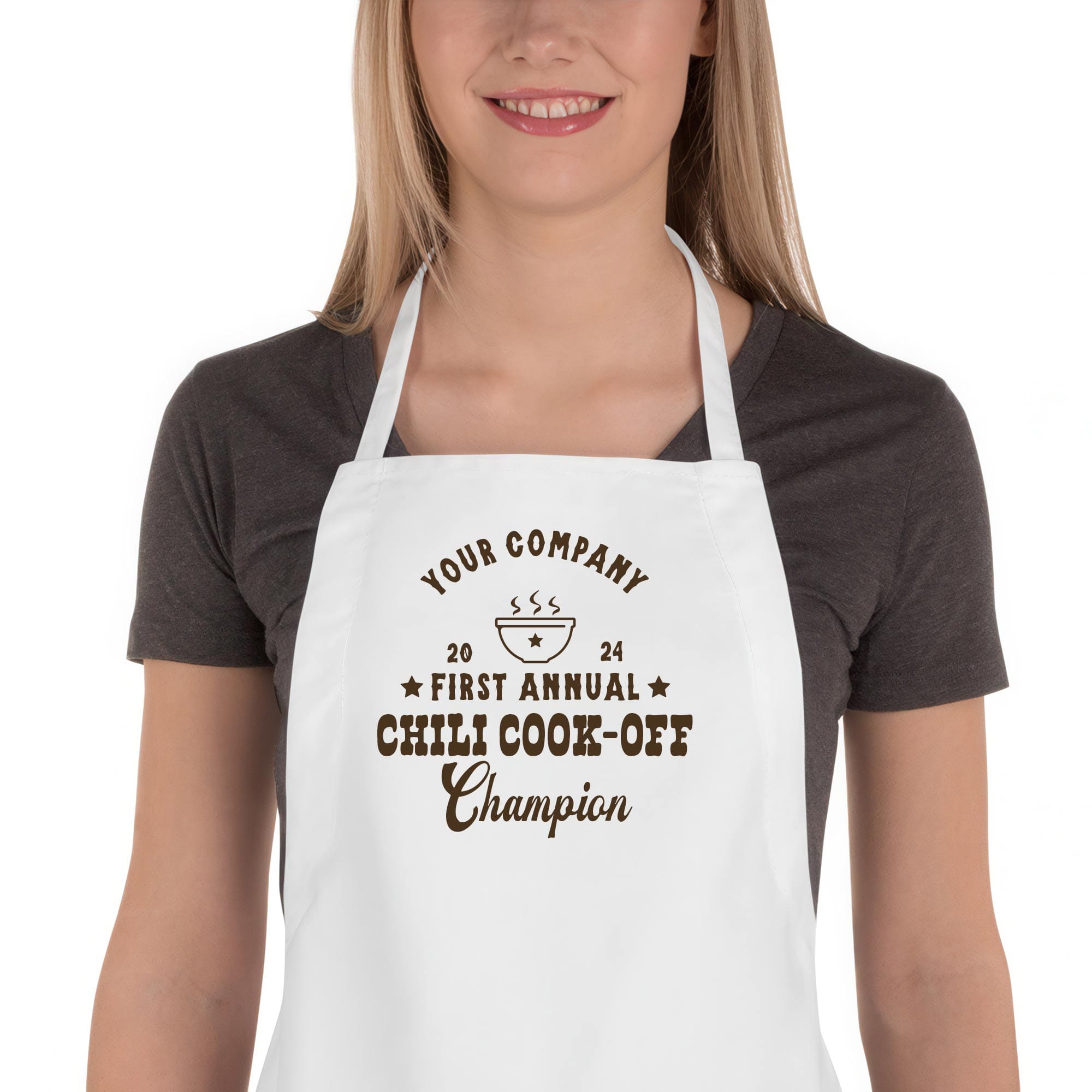a woman wearing a custom butcher western chili cook off winner apron in white