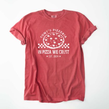 a checkered pizza t-shirt in crimson
