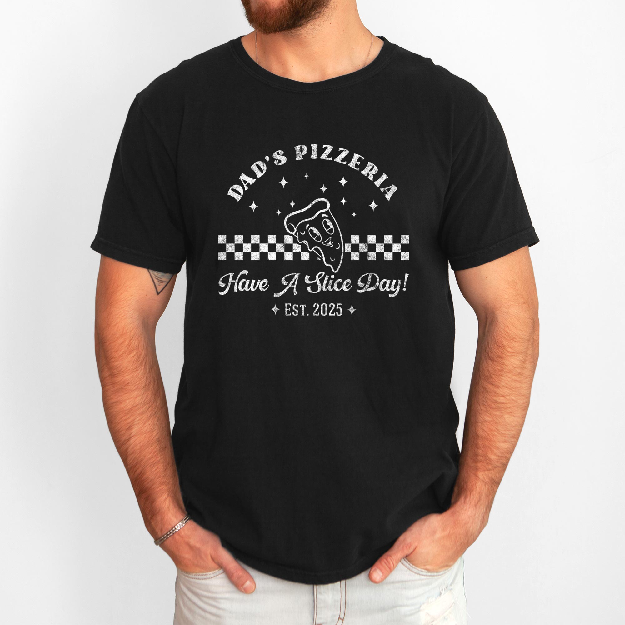 a man wearing a Personalized Retro Pizza Shirt in black