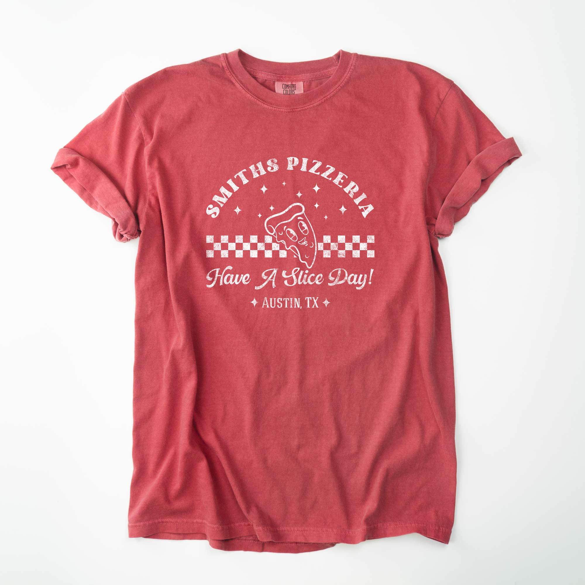 a Personalized Retro Pizza Shirt in crimson