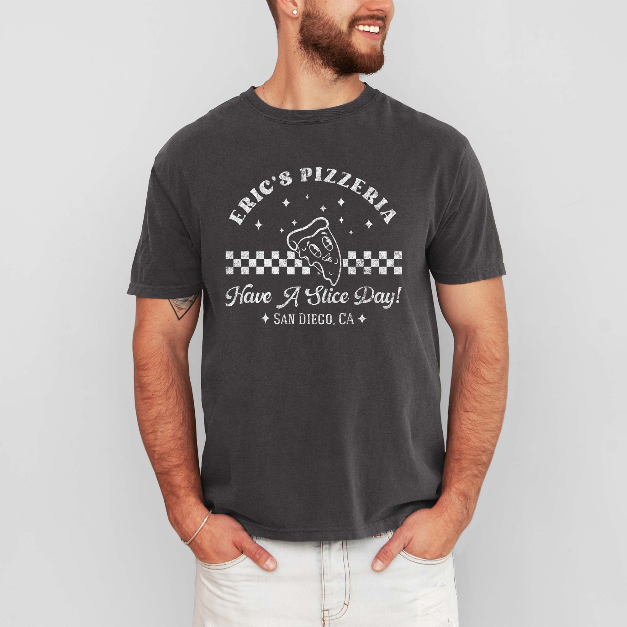 a man wearing a Personalized Retro Pizza Shirt in pepper