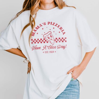 a woman wearing a Personalized Retro Pizza Shirt in white