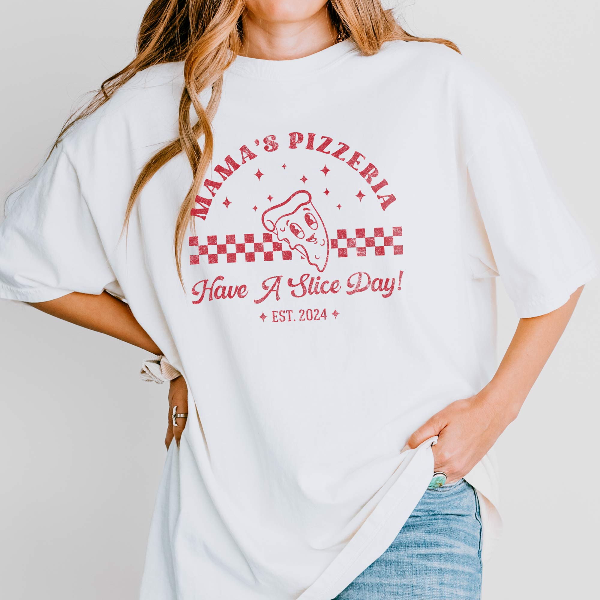 a woman wearing a Personalized Retro Pizza Shirt in white