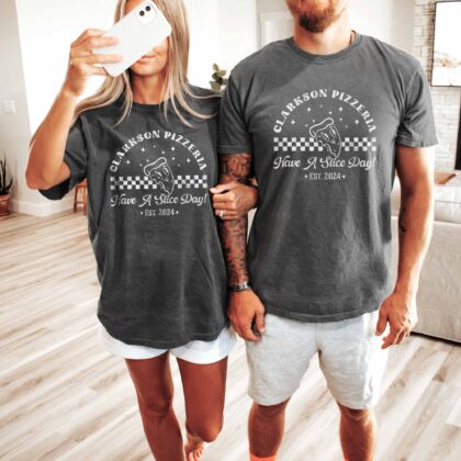 a couple wearing Personalized Retro Pizza Shirts in pepper
