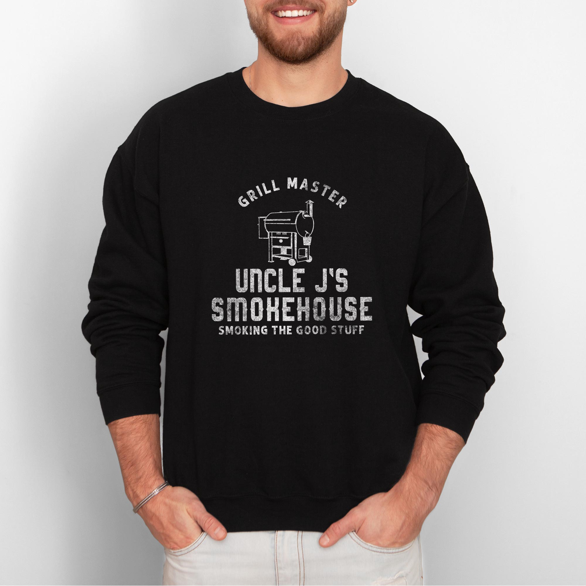 a man wearing a Personalized Smoker Grill Sweatshirt in black