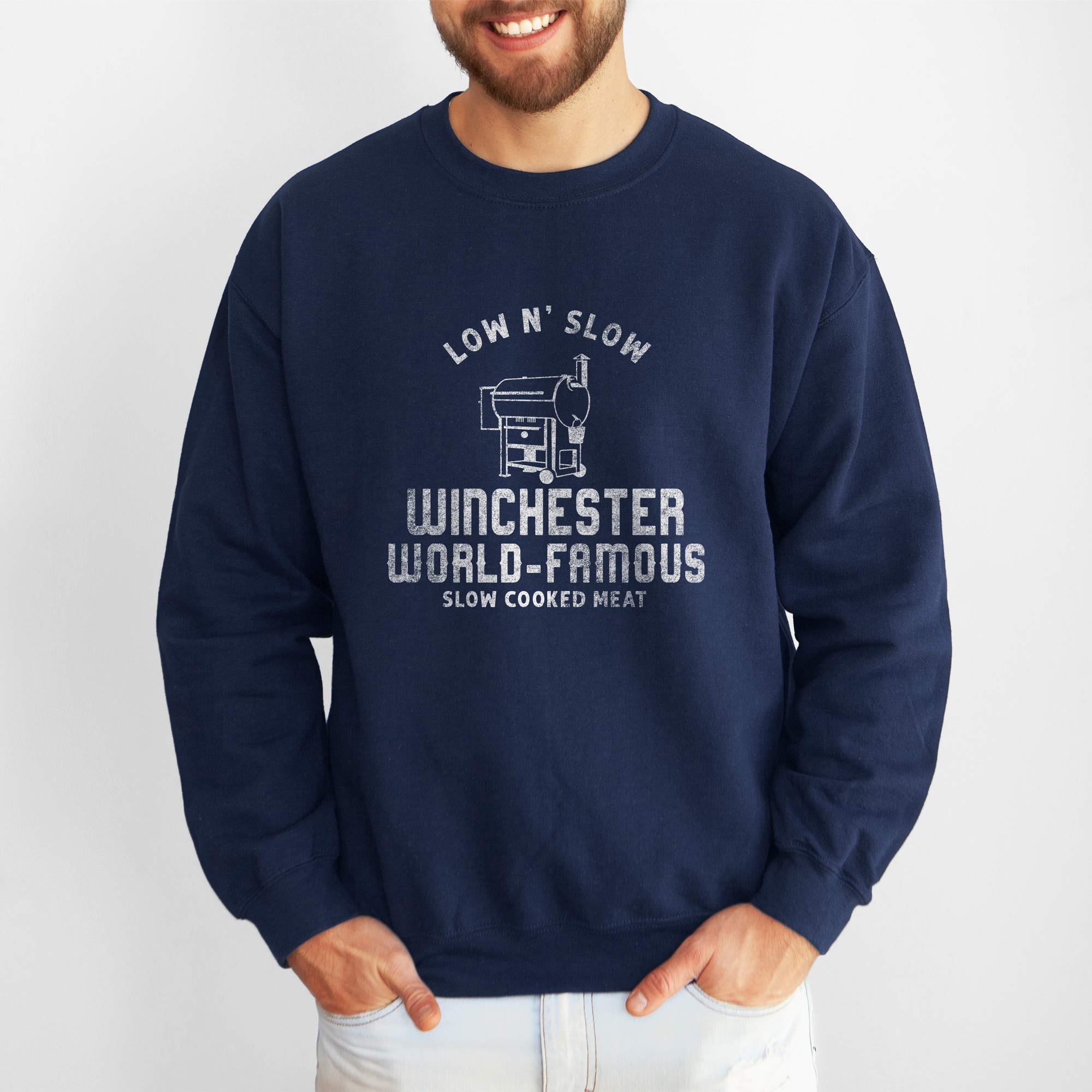 a man wearing a Personalized Smoker Grill Sweatshirt in navy
