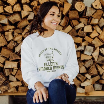 a woman wearing a Personalized Smoker Grill Sweatshirt in white