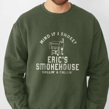 closeup of a man wearing a Personalized Smoker Grill Sweatshirt in military