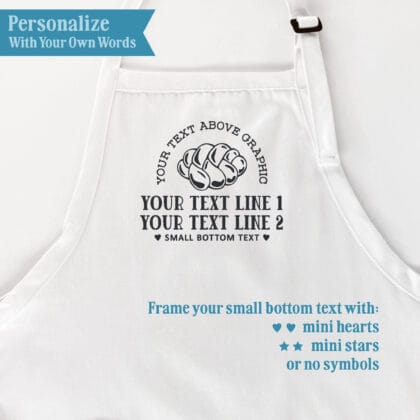 Challah apron personalization guide showing four text areas and optional mini hearts or stars around the small bottom text.