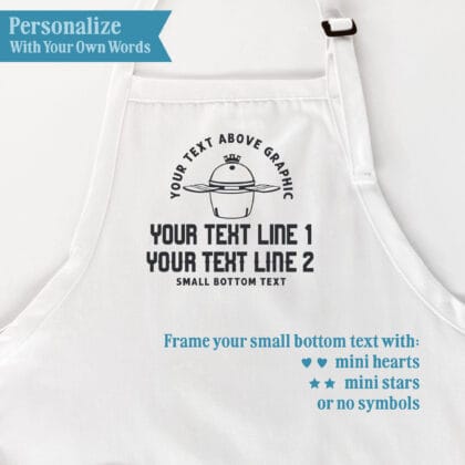 Kamado-style charcoal grill apron personalization guide showing text above the grill graphic, two text lines below, small bottom text, and optional mini hearts or stars.