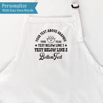 Western Chili apron personalization guide showing text above the bowl graphic, a year, two lines below, and script bottom text.