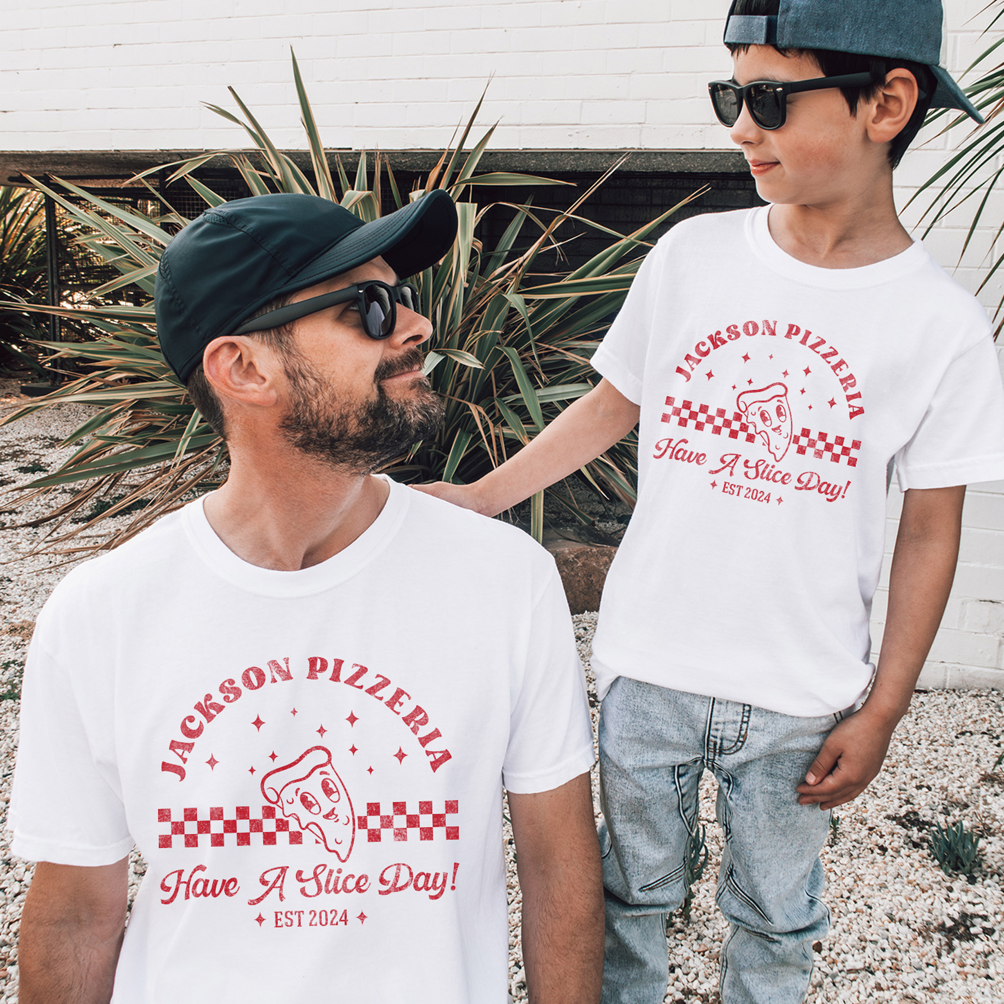 a man and a young boy wearing matching shirts, the boy is wearing a Personalized Kids Retro Pizza Shirt in white