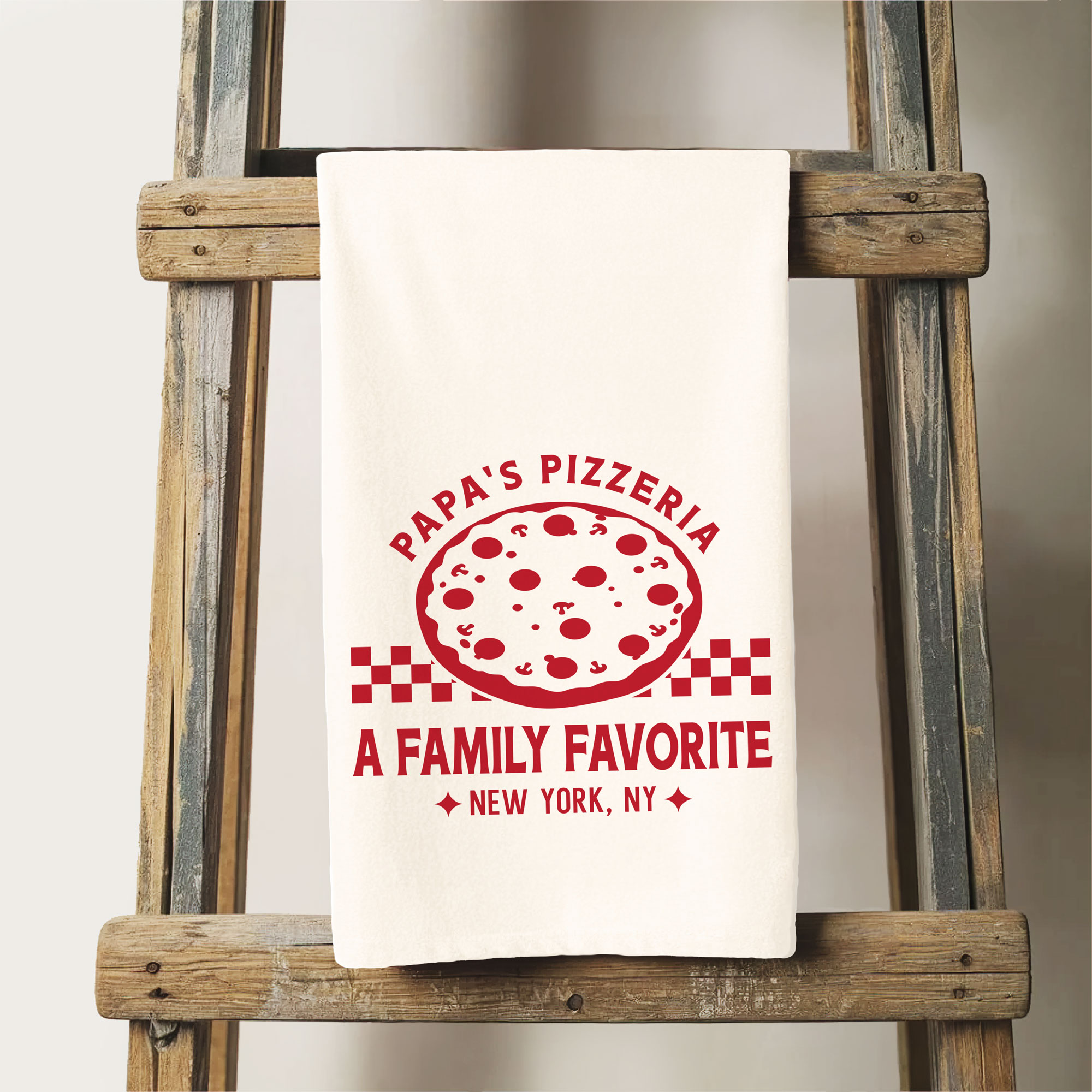 a personalized Checkered Pizza Tea Towel in natural
