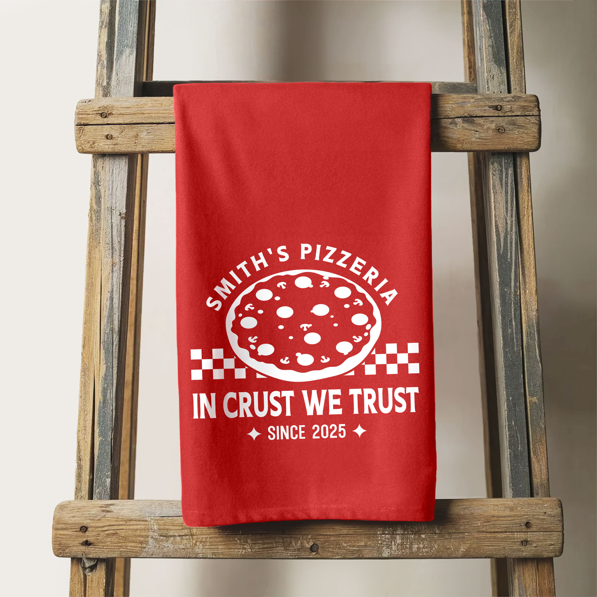 a personalized Checkered Pizza Tea Towel in red