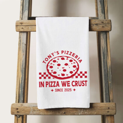 a personalized Checkered Pizza Tea Towel in white