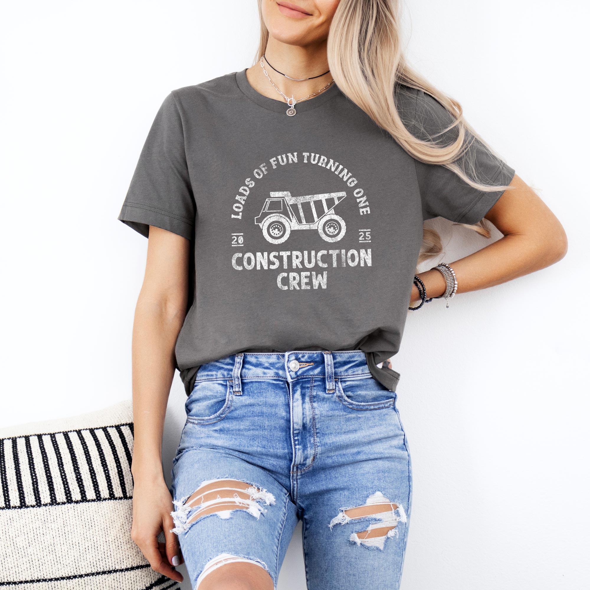 a young woman wearing a Construction Crew Shirt in