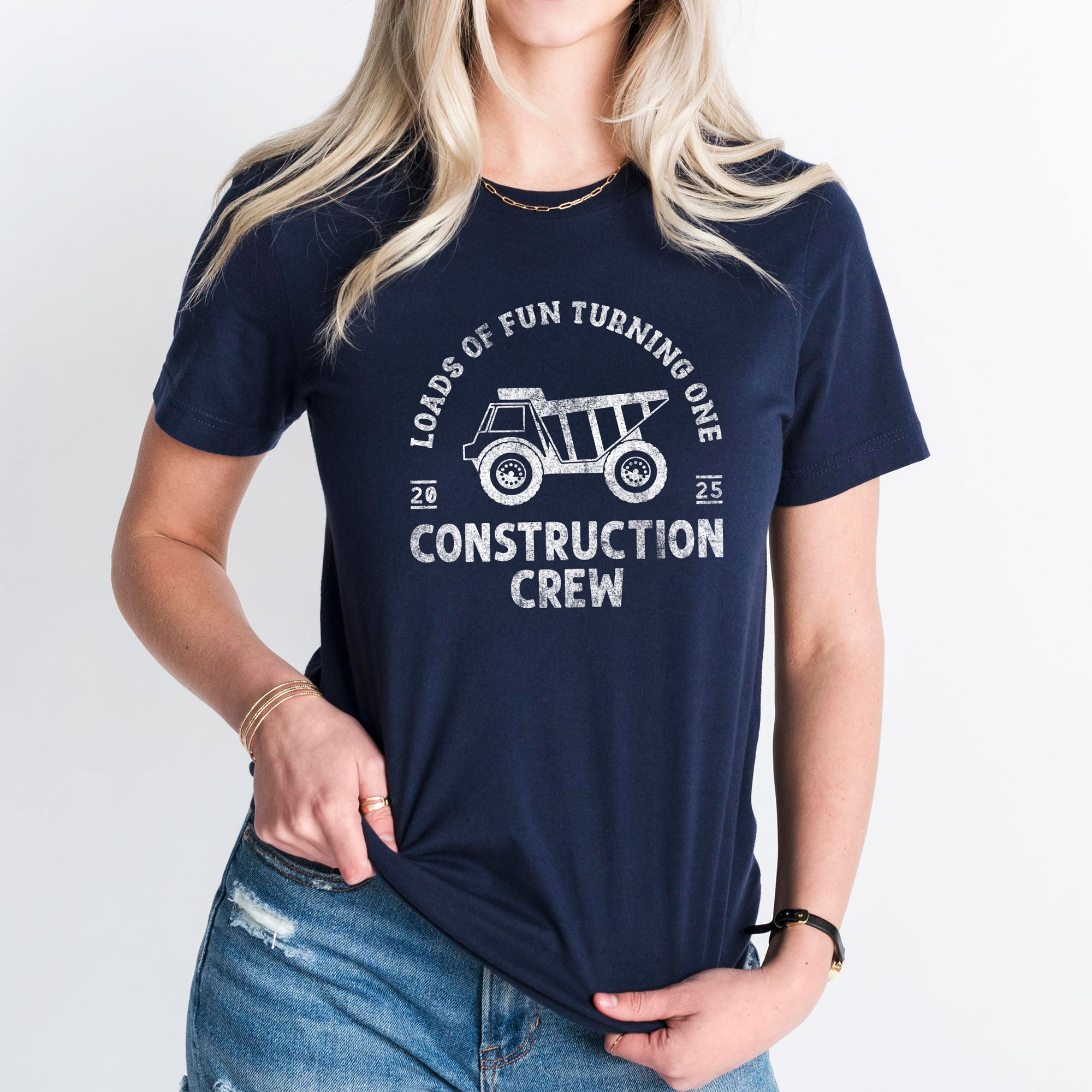 a woman wearing a Construction Crew Shirt in navy