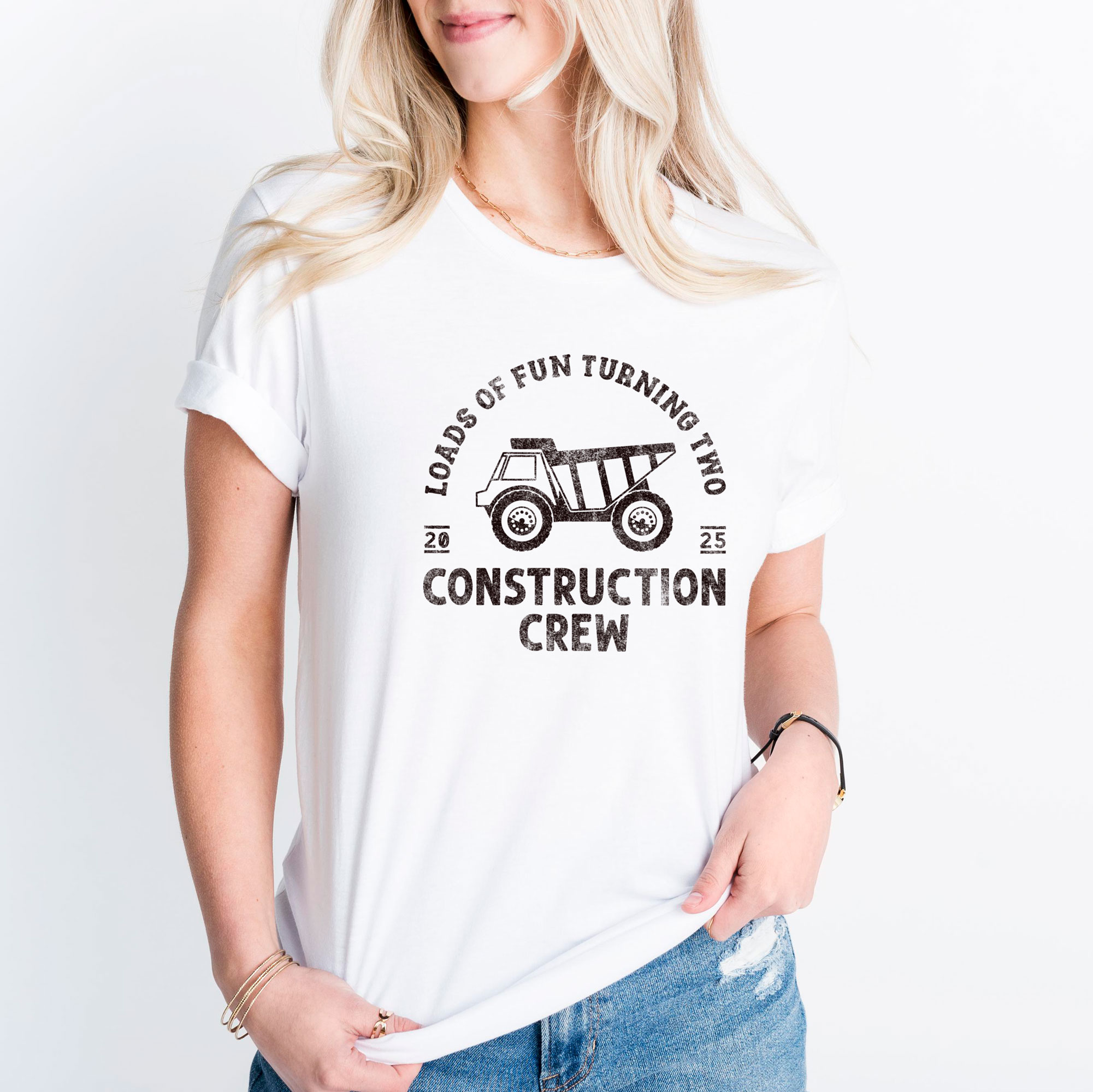 a woman wearing a Construction Crew Shirt in white