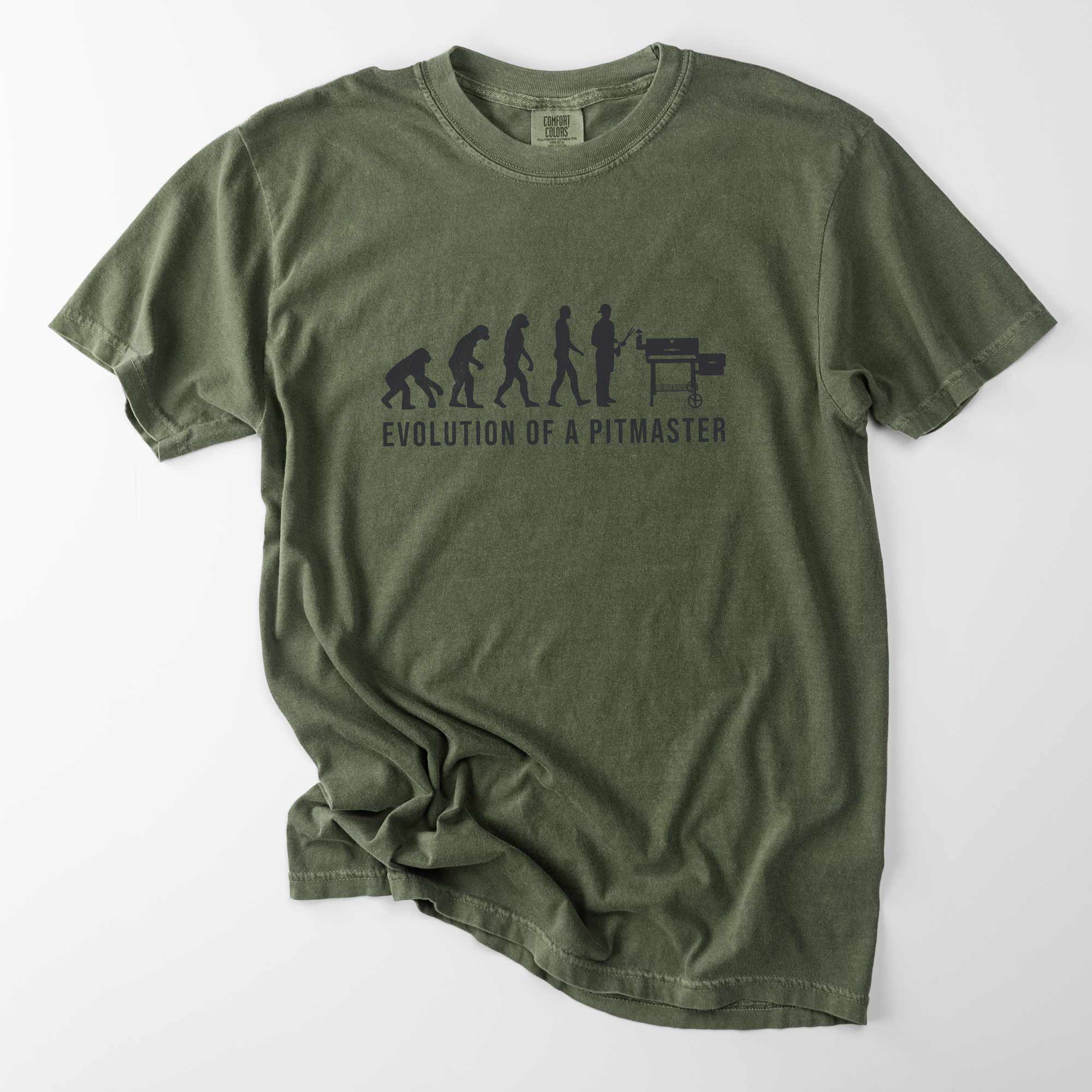an Evolution Of A Pitmaster Shirt in moss