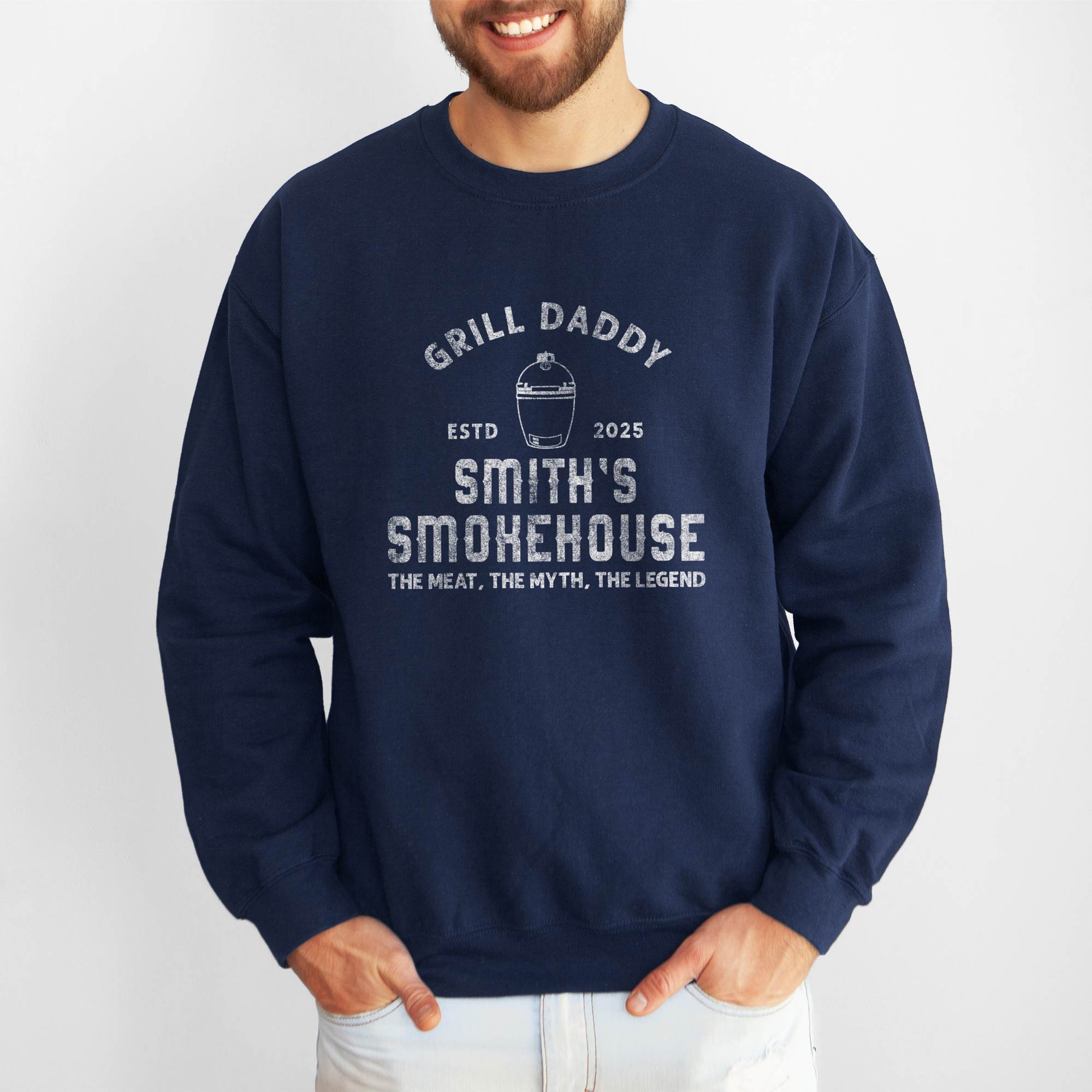 a man wearing a Personalized Meat Smoker Sweatshirt in navy
