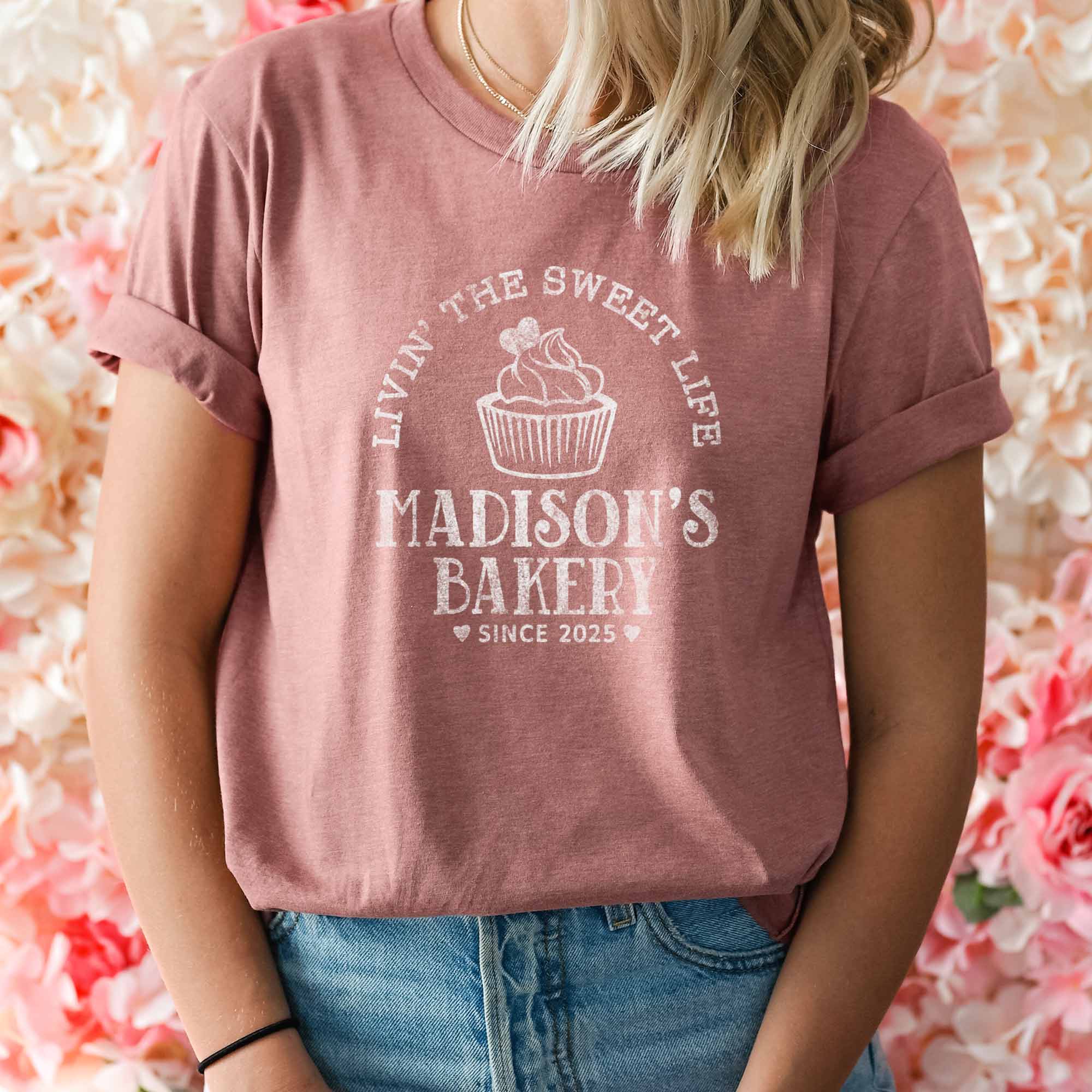 a young woman wearing a Cupcake Baking T-Shirt in mauve