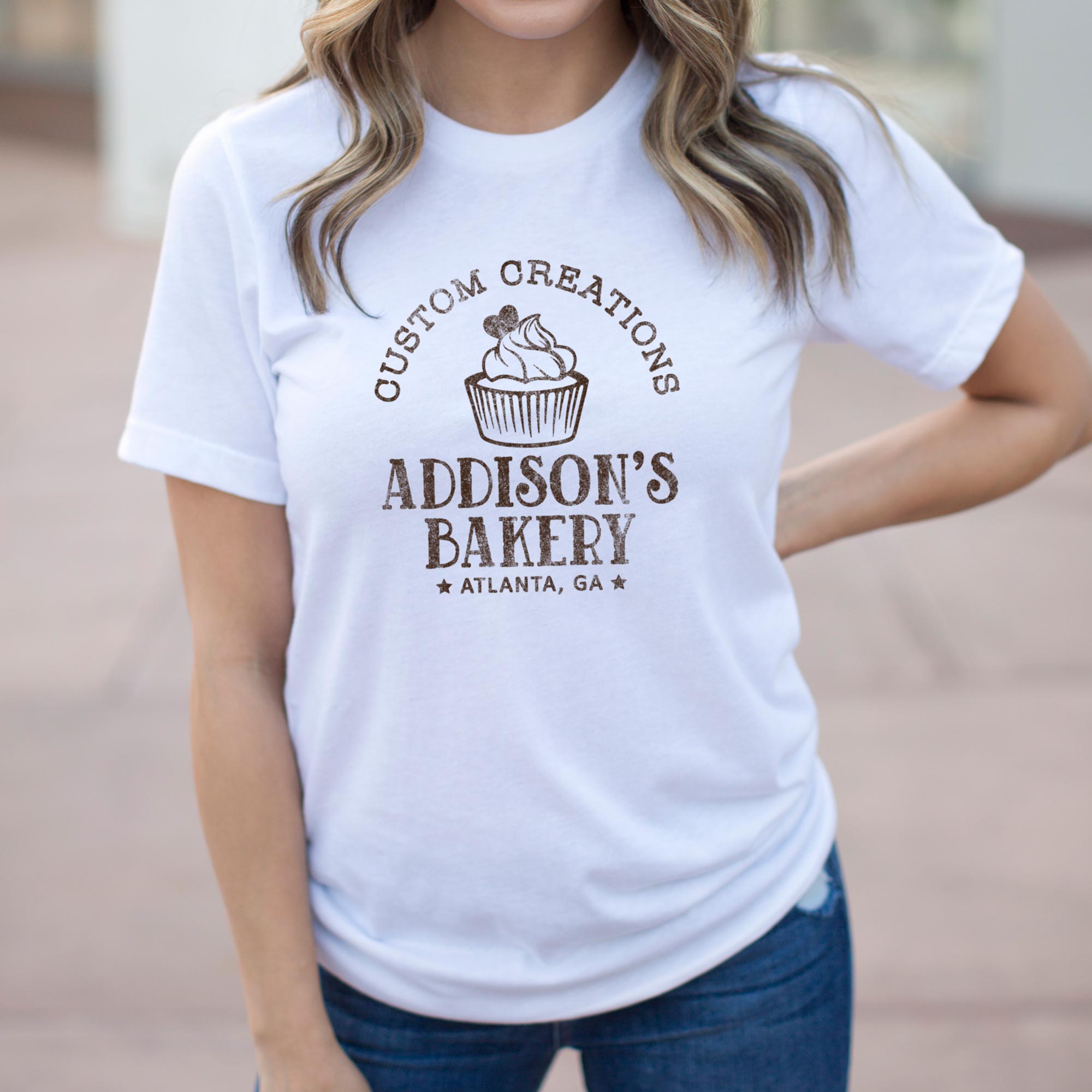 a young woman wearing a Cupcake Baking T-Shirt in white
