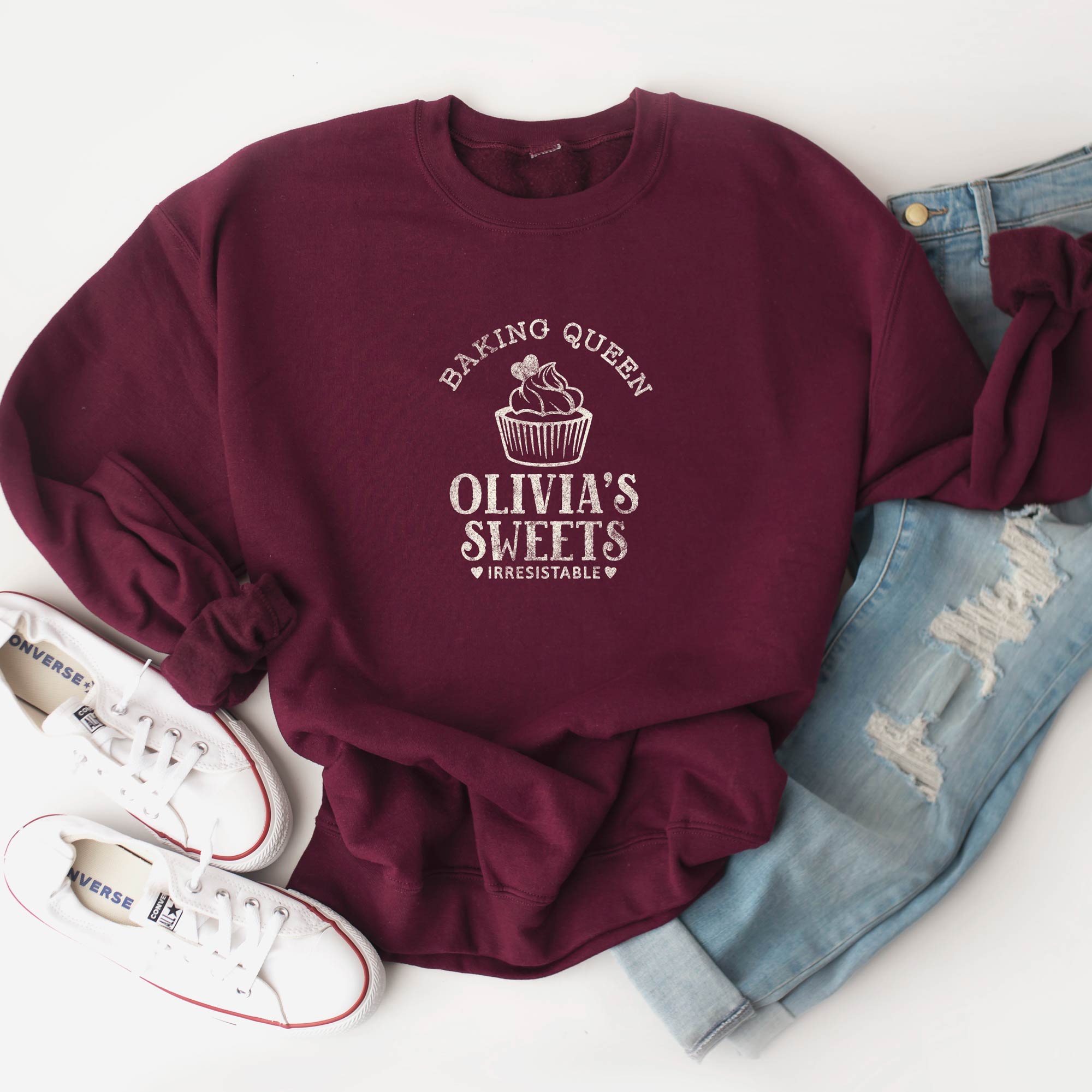 a personalized Cupcake Baking Sweatshirt in maroon