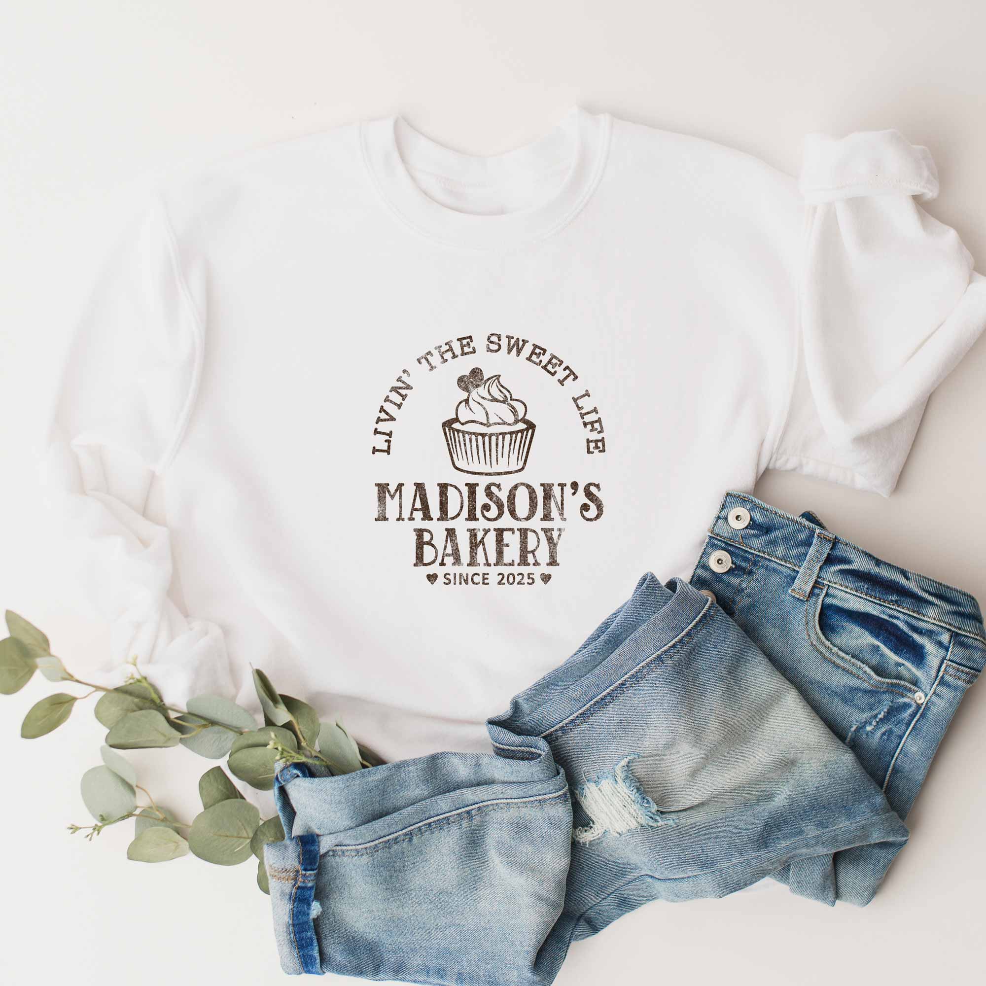 a personalized Cupcake Baking Sweatshirt in white