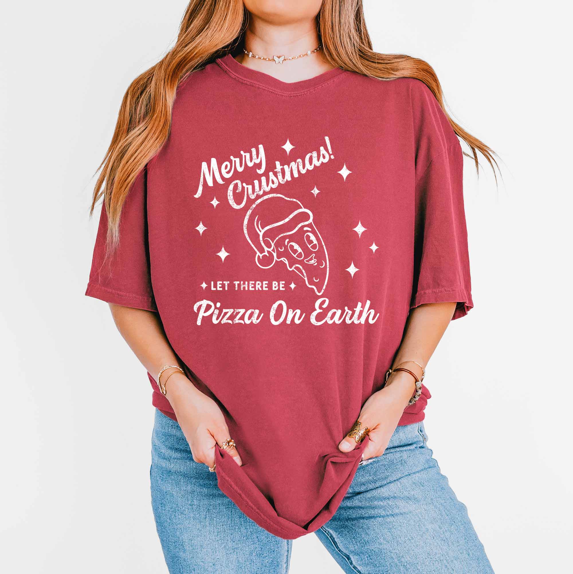 a woman wearing a retro pizza Christmas shirt in red