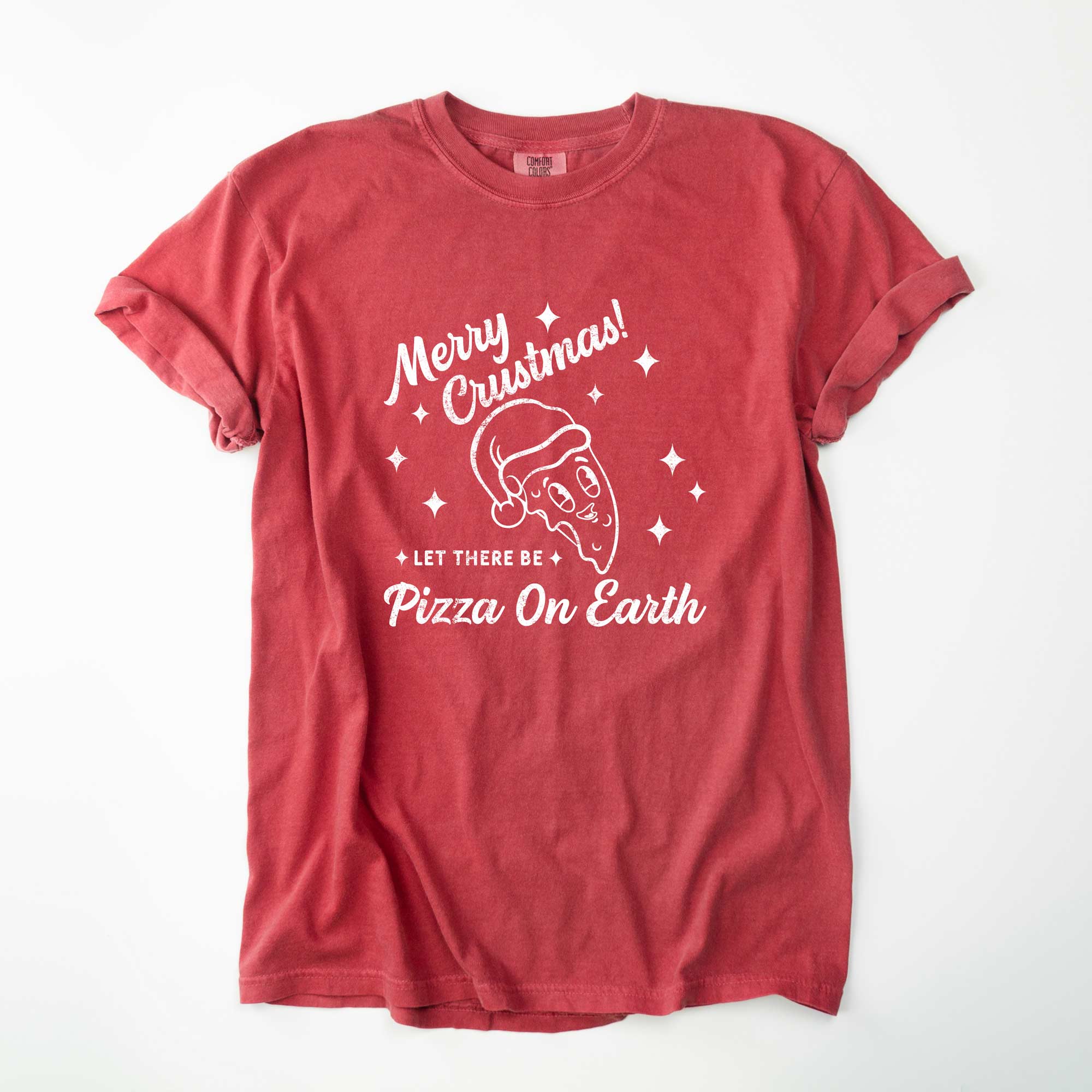 a retro pizza Christmas shirt in red