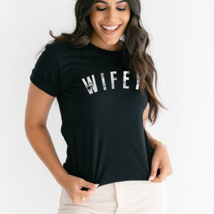 a pretty woman wearing a wifey t-shirt in black