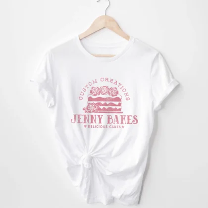White Personalized Cake Baker Shirt with a mauve cupcake graphic