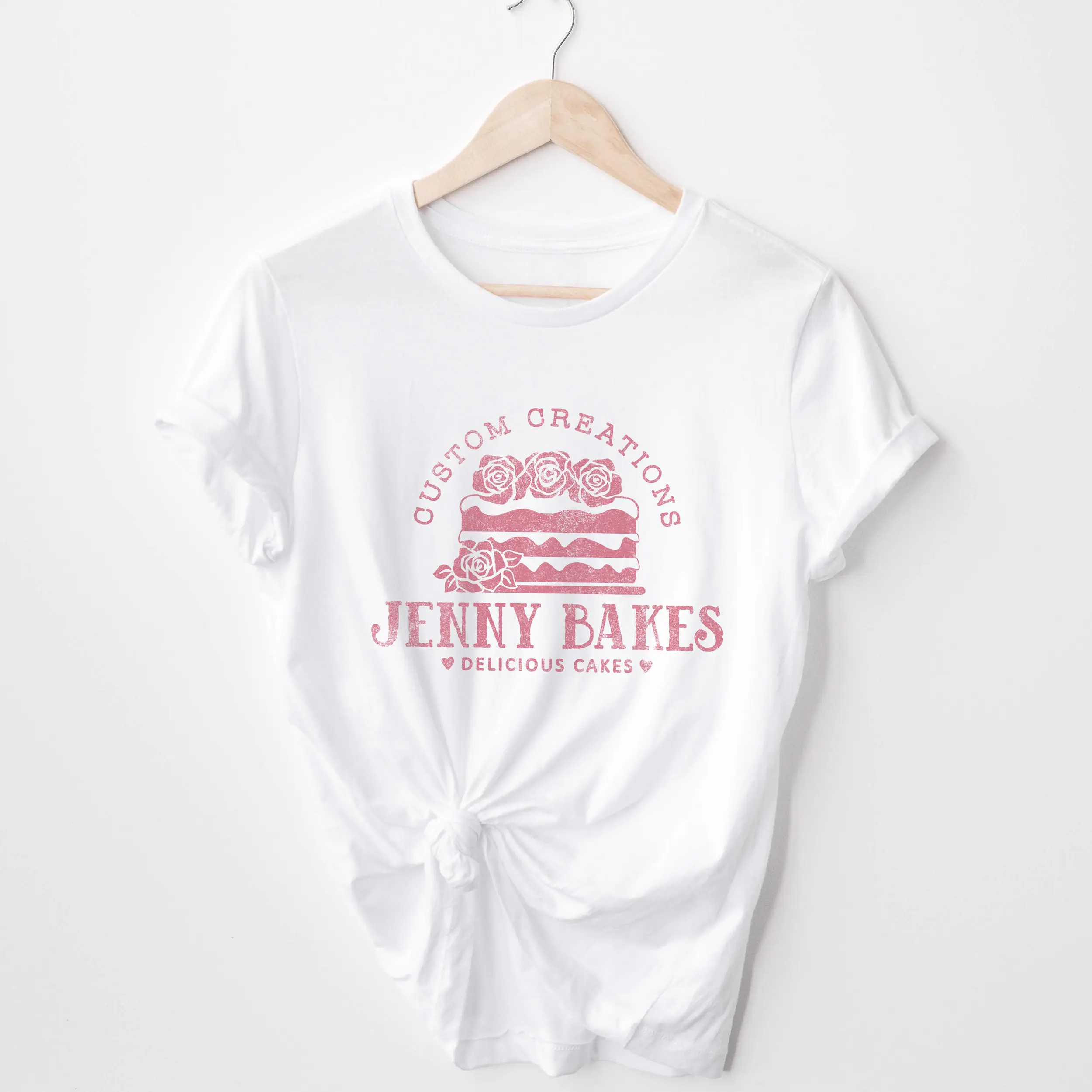 White Personalized Cake Baker Shirt with a mauve cupcake graphic