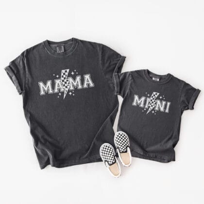 matching mommy rocker girl shirts with graphics that say "mama" and "mini"
