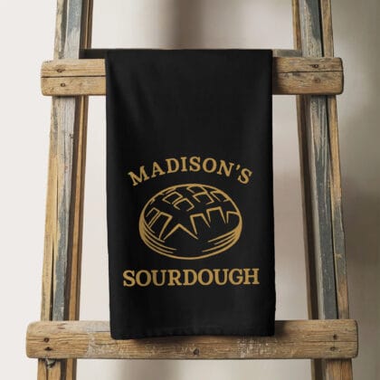 A personalized sourdough towel in black
