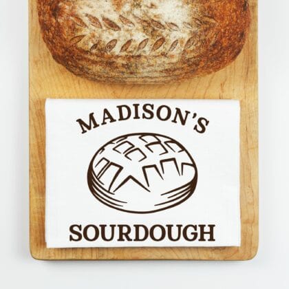A personalized sourdough towel in white