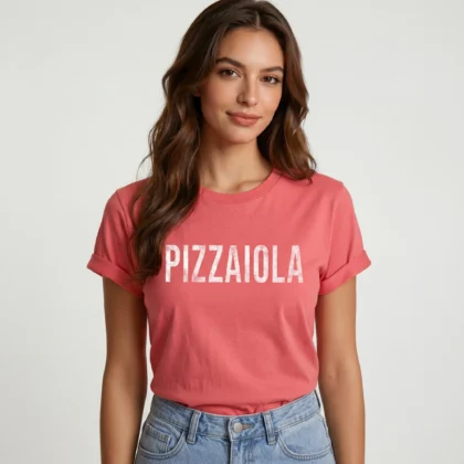 a woman wearing a Pizzaiola Shirt in vintage red