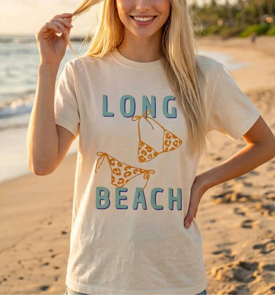 a woman on the shore, wearing a Long Beach Shirt in ivory