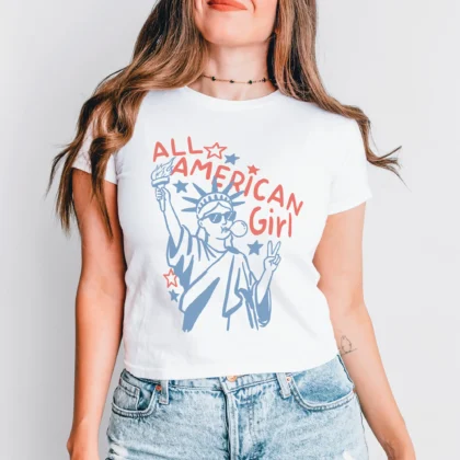 a young woman wearing an all american girl tee in white