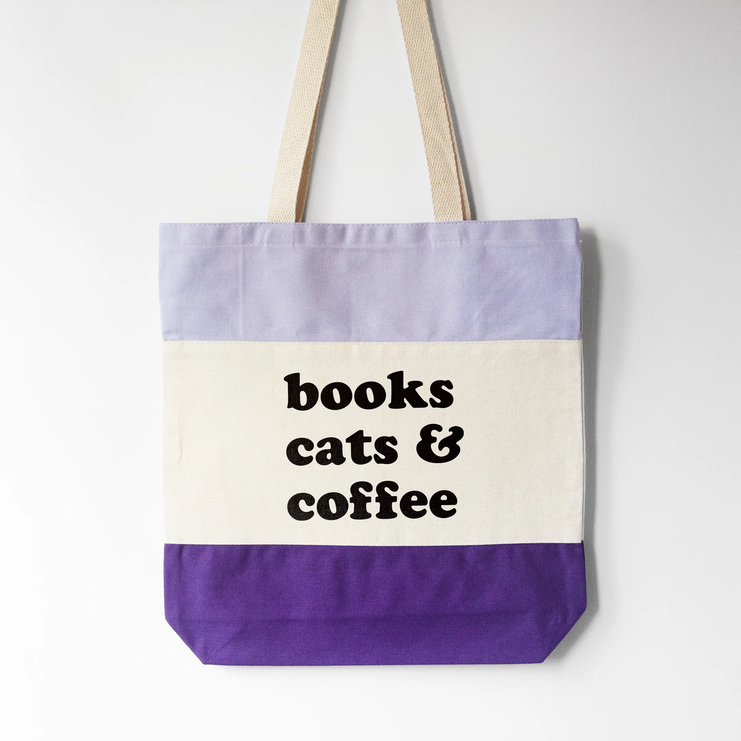 A books cats coffee tote in purple