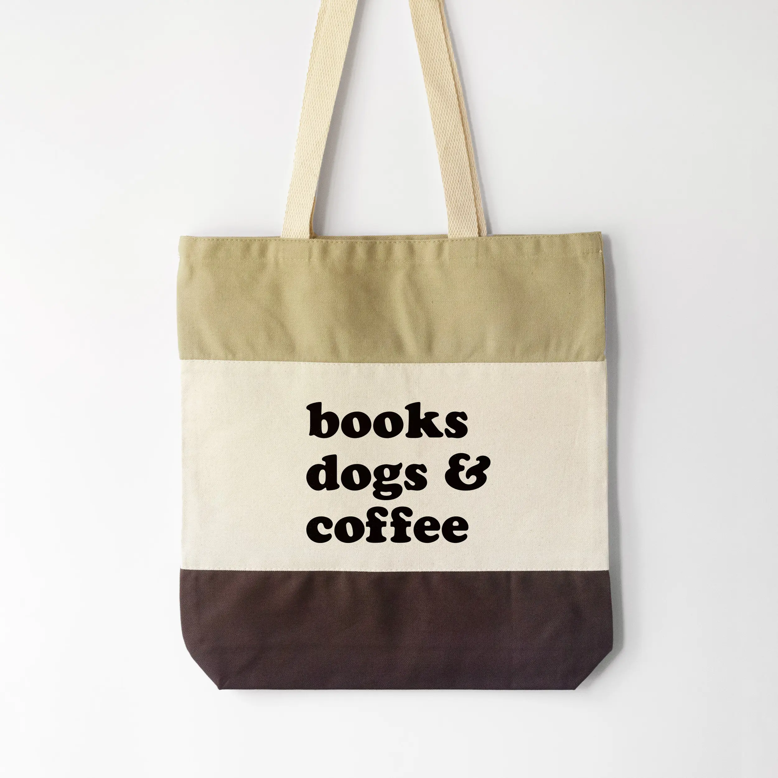 A books dogs and coffee tote in brown