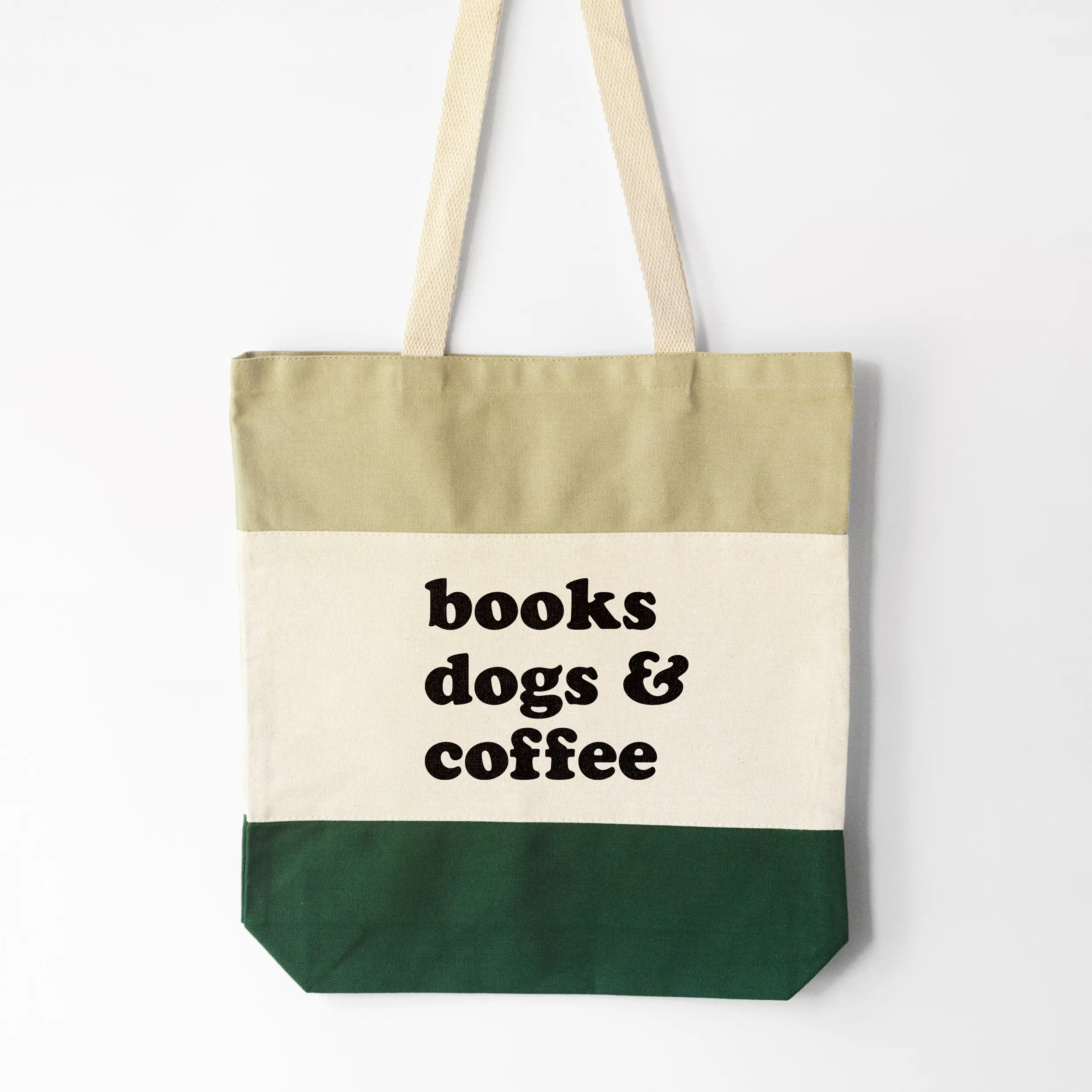 A books dogs and coffee tote in green