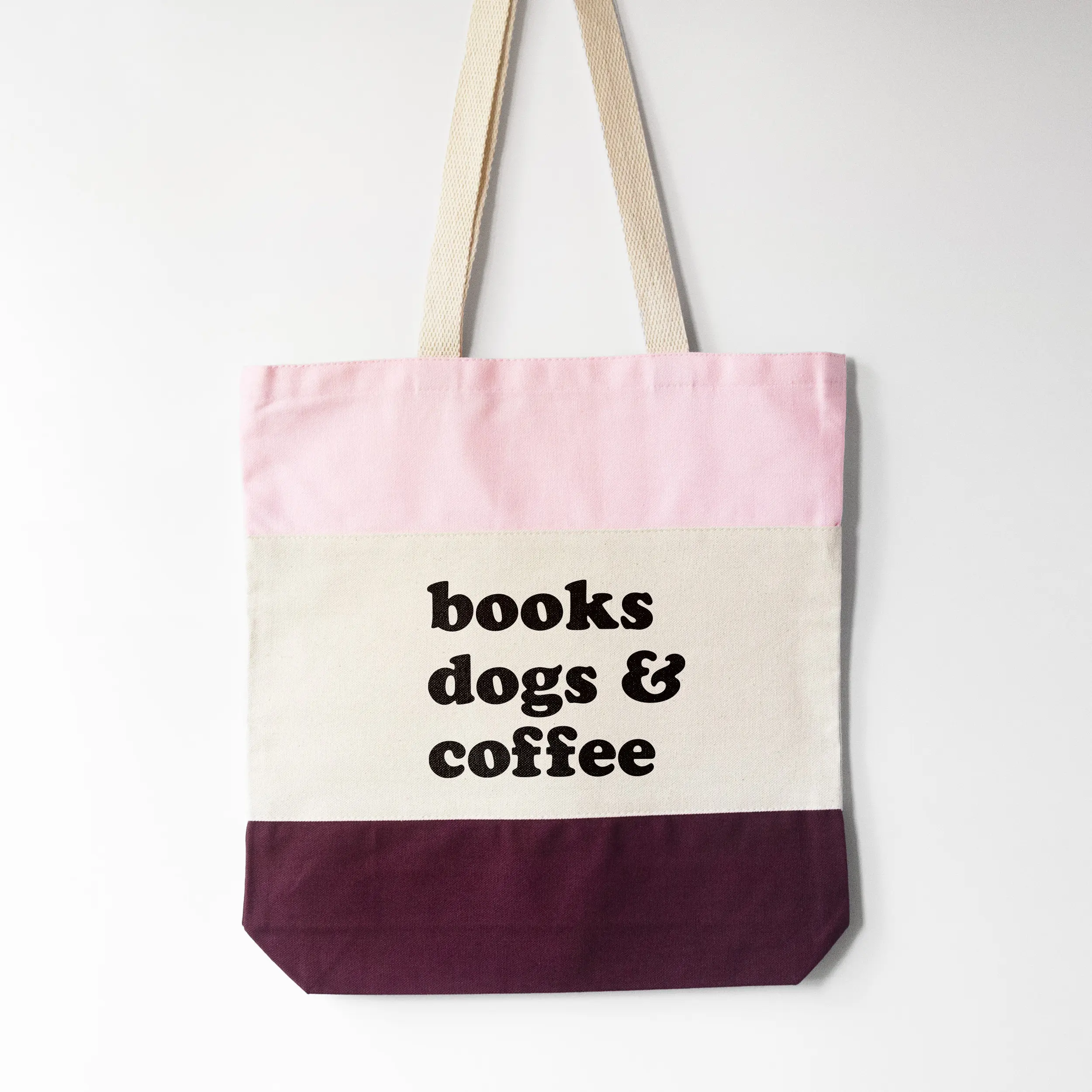 A books dogs and coffee tote in pink